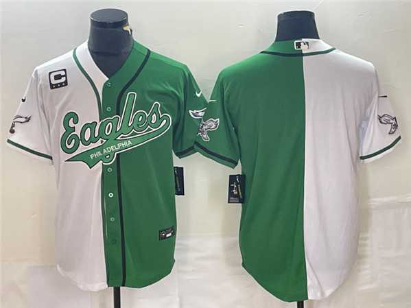 Mens Philadelphia Eagles Blank Green White Split With 3-star C Patch Cool Base Baseball Limited Jersey->->